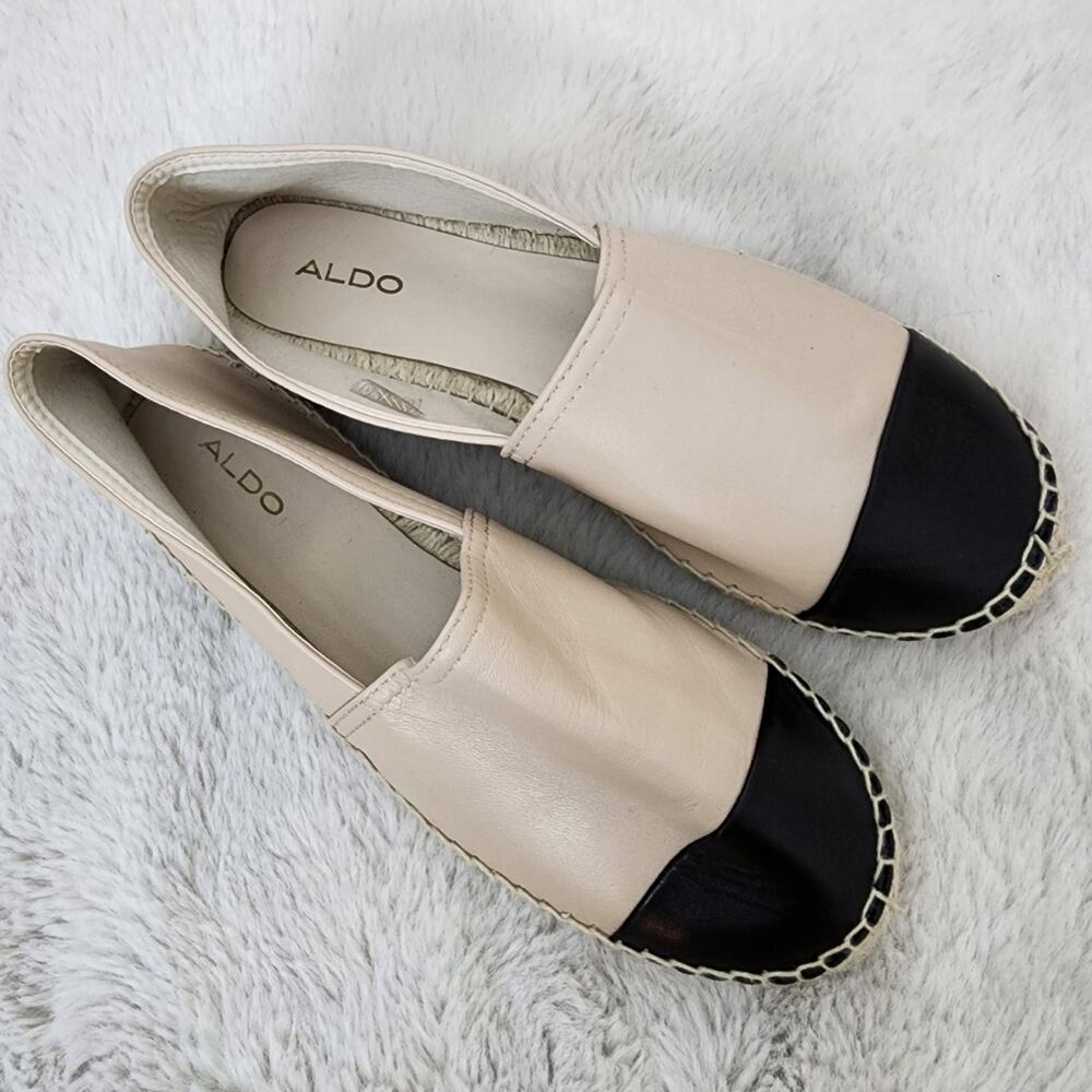 NEW Aldo Cone Leather Espadrilles Natural Cream Black Block Slip On Flats 9